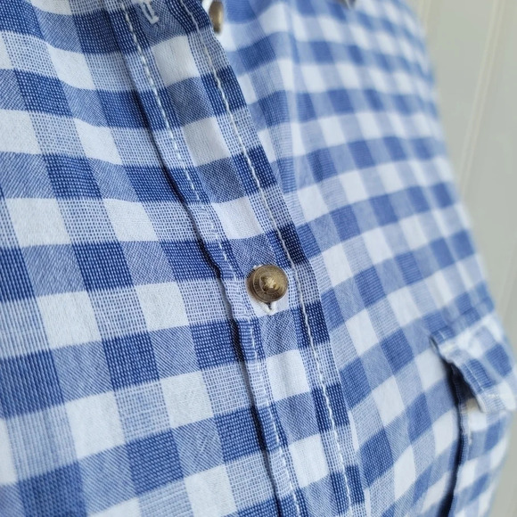 H&M LOGG Shirt Womens Blue White Button Up Plaid Shirt Short Sleeve Cotton Sz 14 - Picture 7 of 11